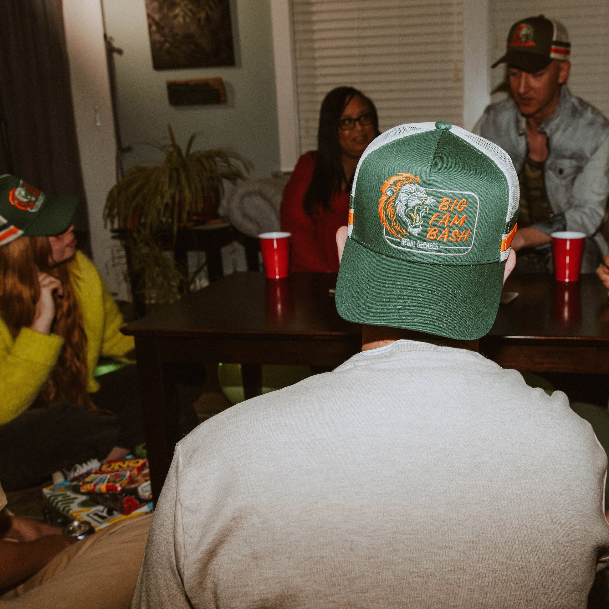 Friend hang out, Big Fam Bash hat closeup feature