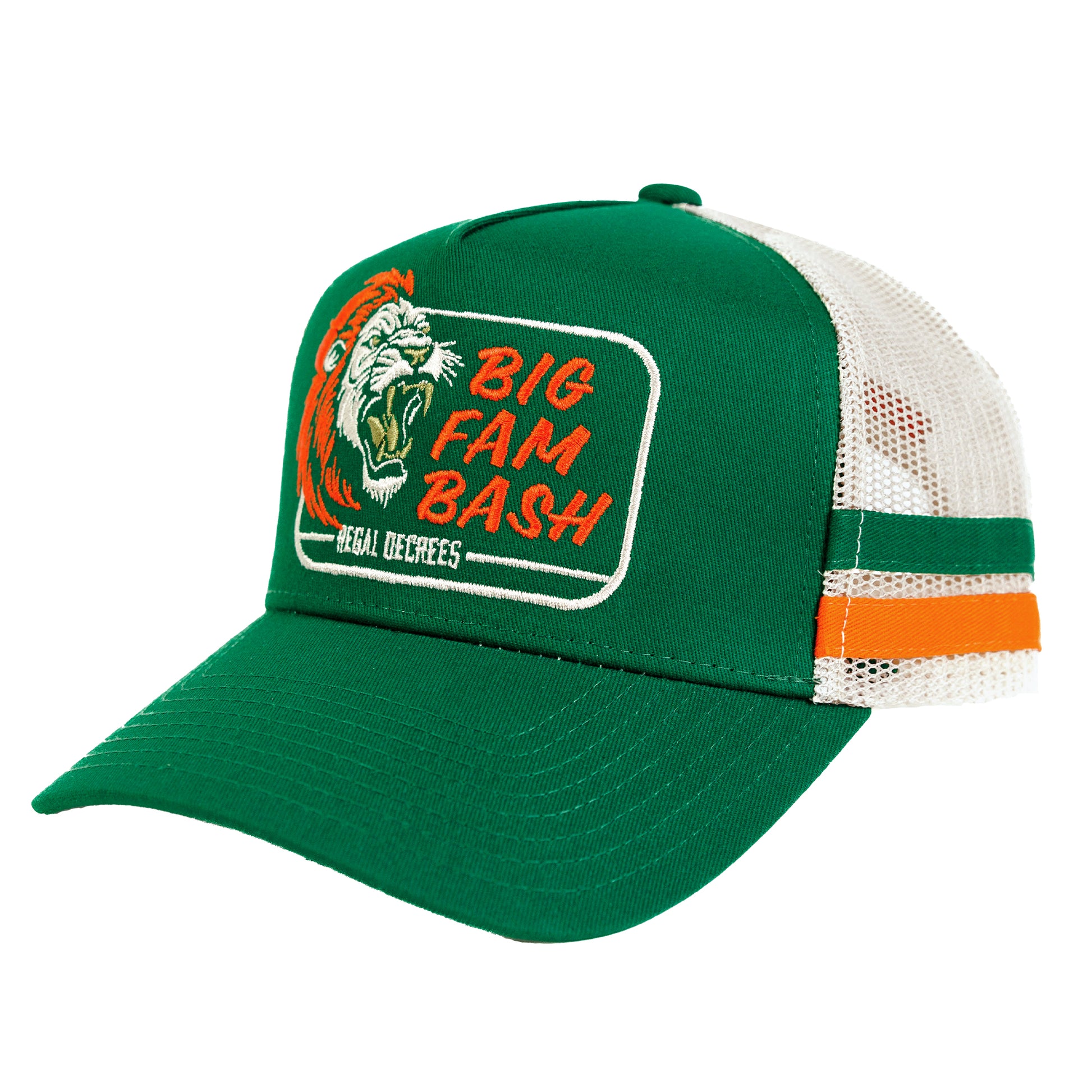 FRONT view of green big fam bash hat