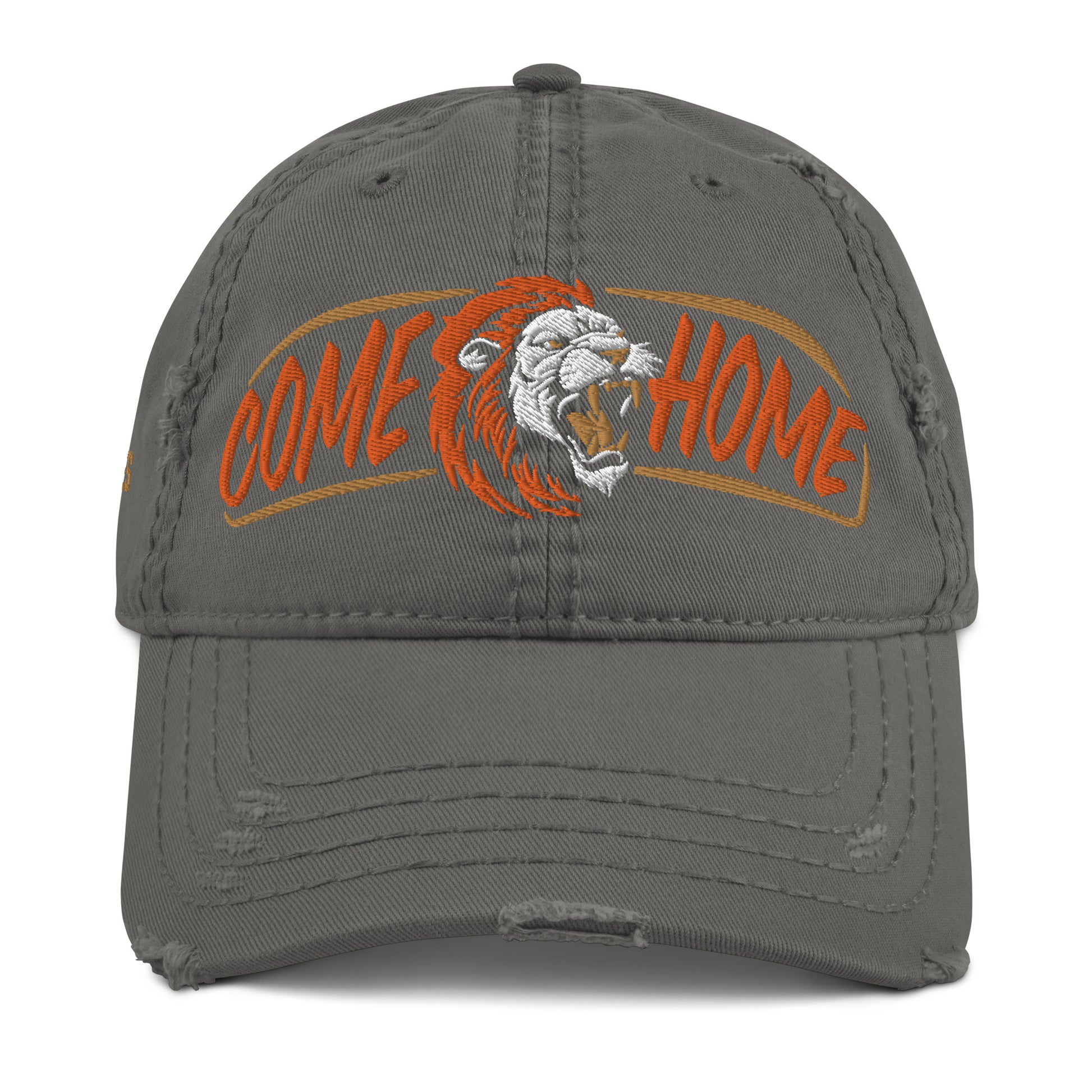 embroidered dad hat with lion logo and come home wording